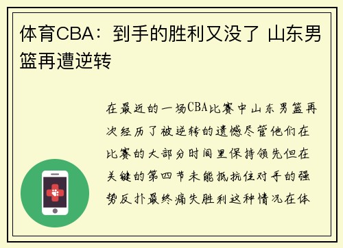 体育CBA：到手的胜利又没了 山东男篮再遭逆转